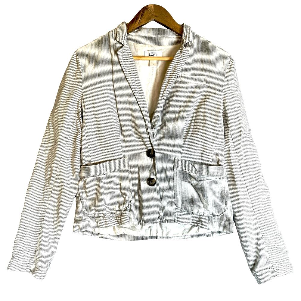 Loft Linen Blazer Women's Striped Lightweight Gray Preppy Boho Casual Academia